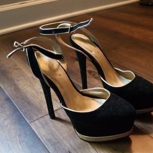 Black Velvet Platform Heel with Gold Trim